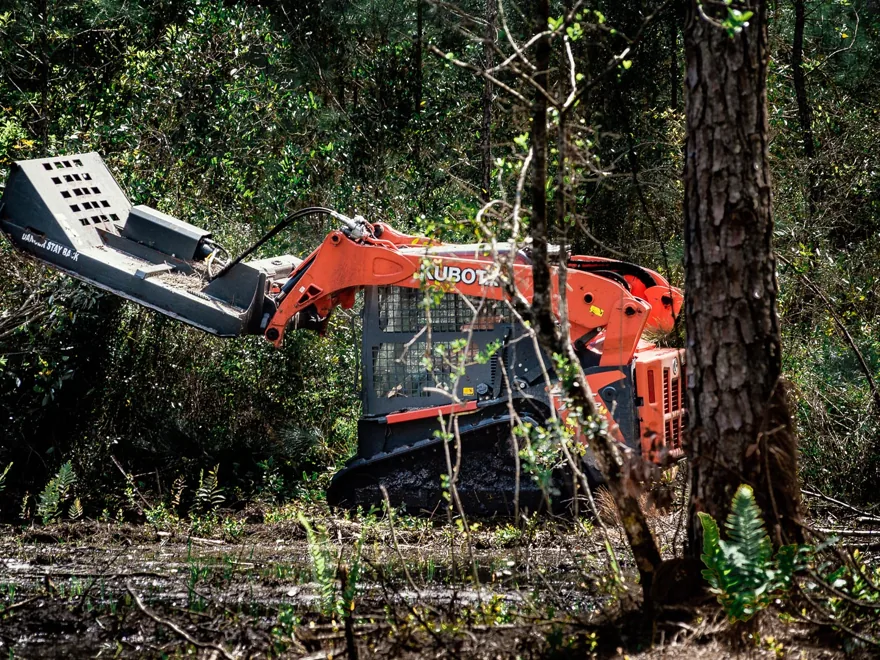 Track loader raising a brush mower deck into thick brush on a wooded lot, brush mowing