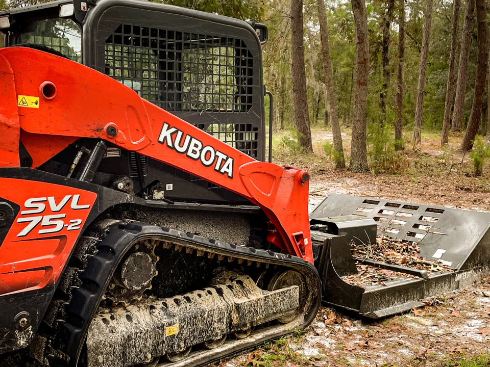 Track loader with a brush mower deck in open pine woods with the underbrush cut down, brush mowing