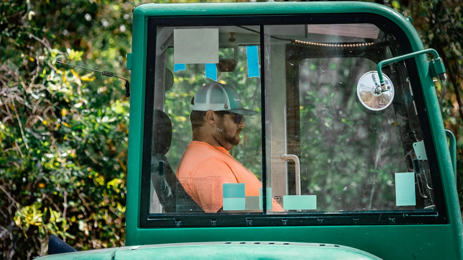 Operator running an excavator from the cab on a wooded job, land clearing