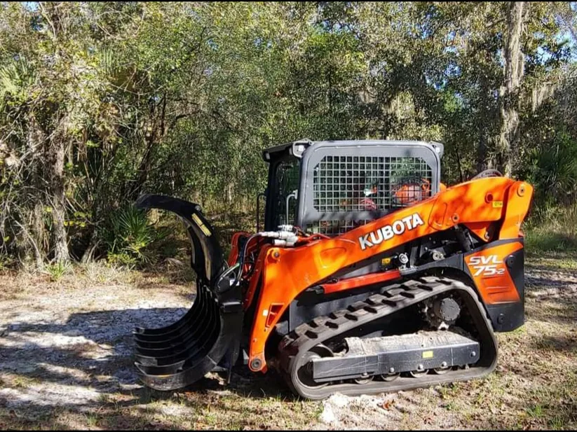 Track loader with a root grapple at the edge of a palmetto and oak lot, debris removal