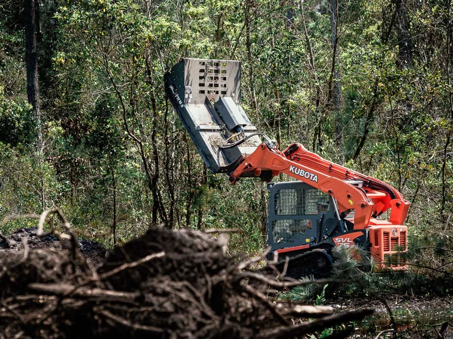 Track loader raising a brush cutter into an overgrown thicket above a pile of pulled roots, invasive plant removal