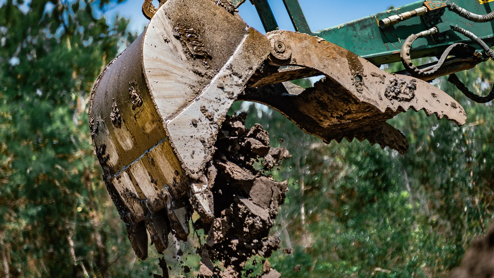 Excavator bucket and thumb dropping a load of dirt in the woods, land clearing